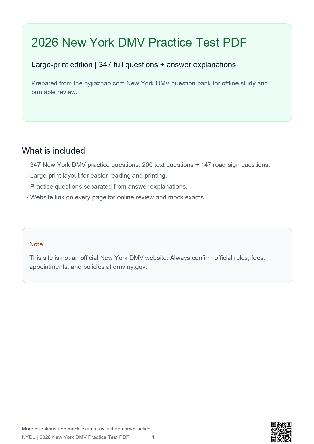 New York DMV Practice Test 2026 English Complete PDF cover preview